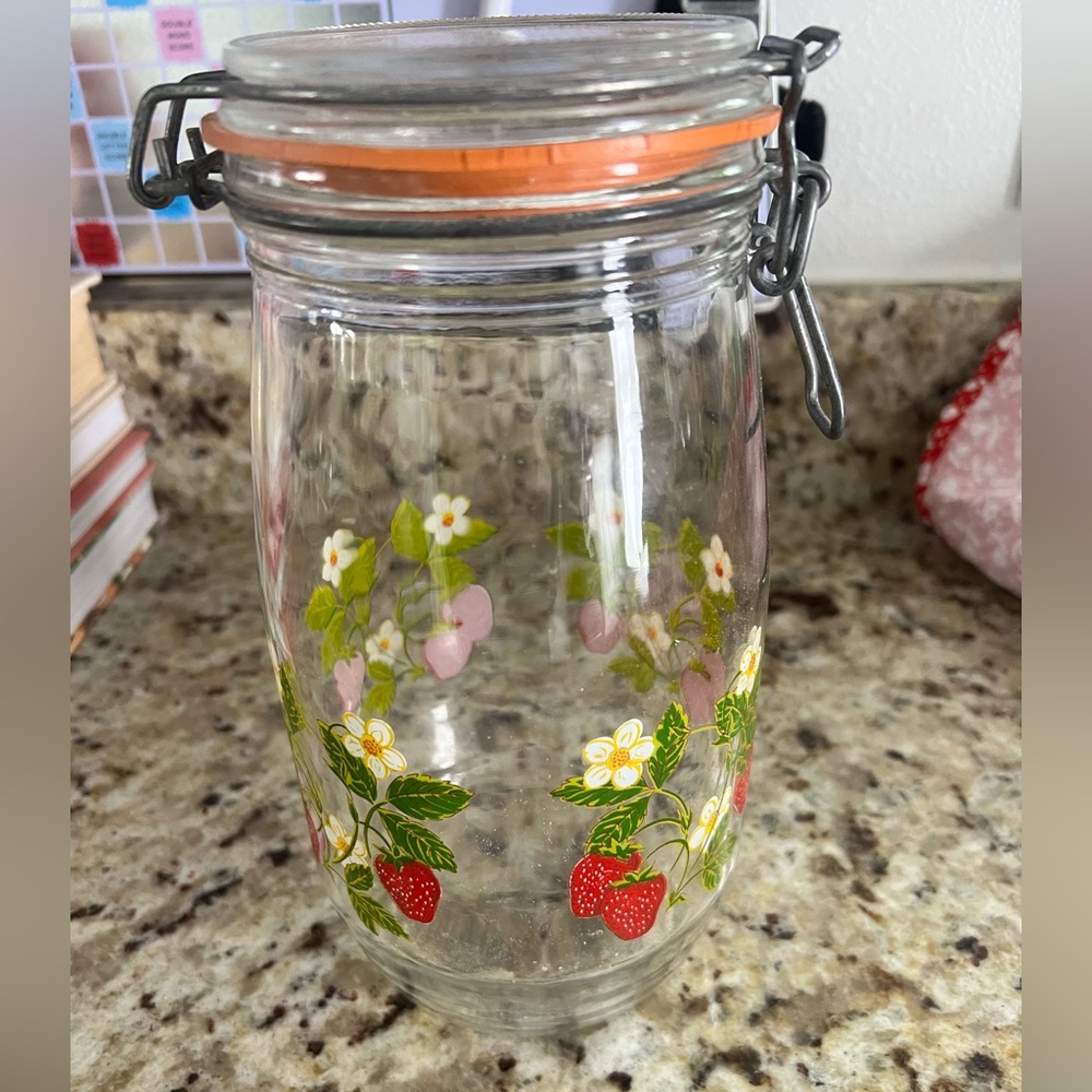 VINTAGE ARC Metal Hinged Glass Canister Jar FRANCE Strawberry Blossom 1.5L